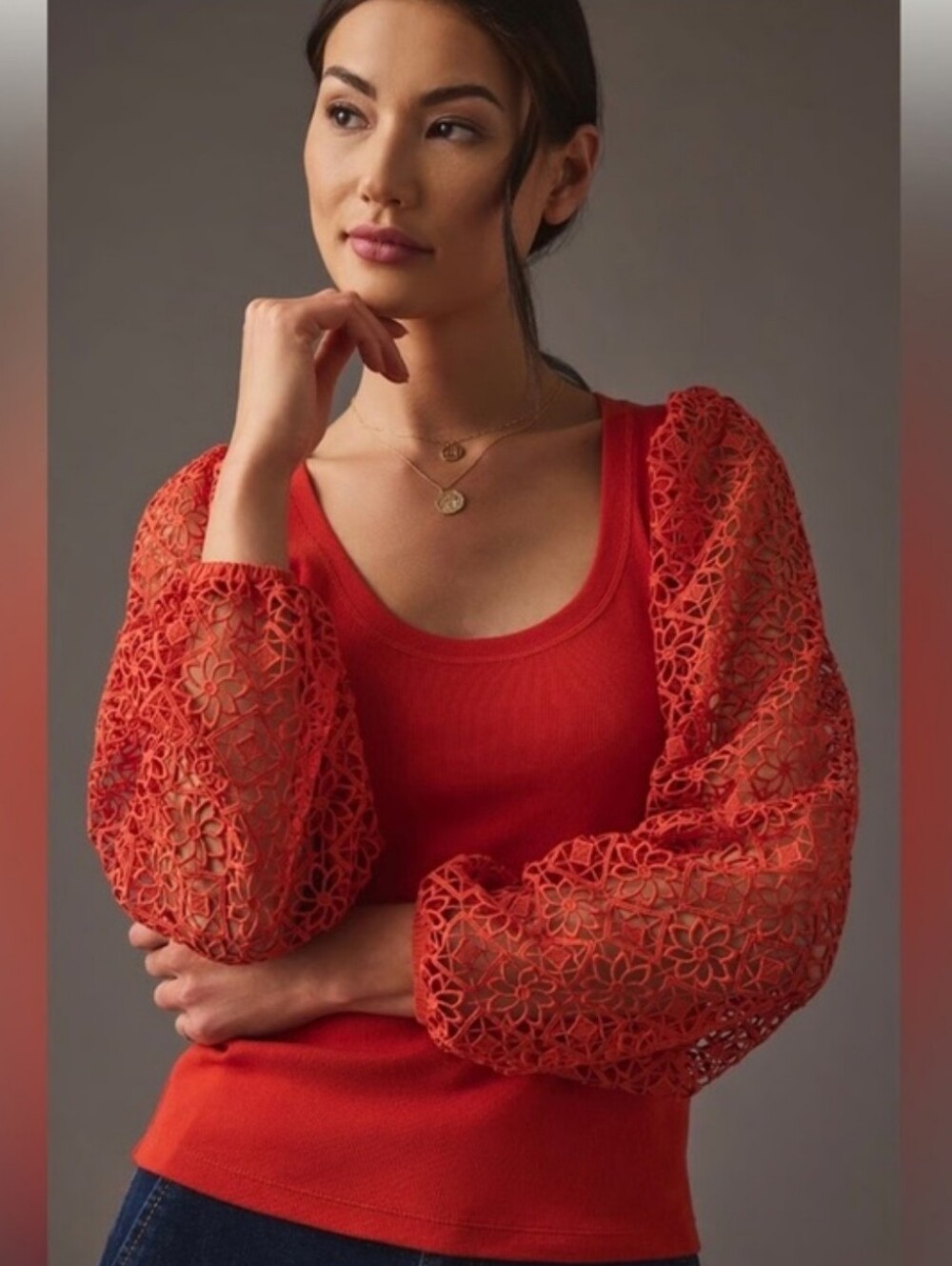 Maeve By Anthropologie Lace Balloon Long Sleeve Blouse Red Medium